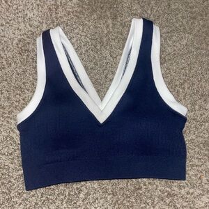 Navy and White V-Neck Sports Bra